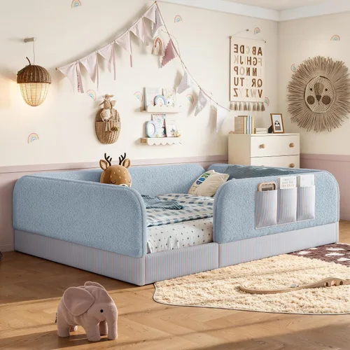 Vista 10 de Queen Teddy Floor Bed with Safety Rails Storage Pocket，Beige- Q：Queen