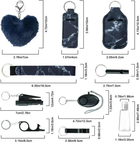 Vista 3 de Juego de 10 llaveros de accesorios para mujer con alarma de seguridad, silbato y llavero de pulsera