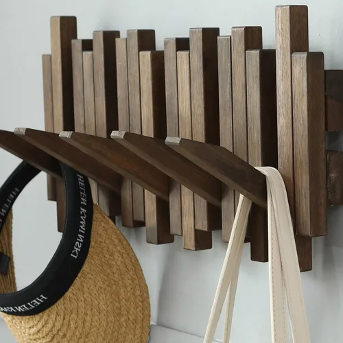 Vista 6 de Perchero de madera natural para piano de pared Perchero de pared Perchero de pared abatible con 5 ganchos Perchero de entrada, hecho de madera