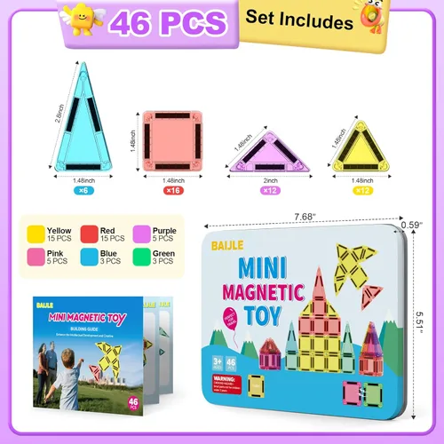 Vista 7 de BAIJLE Juego de 46 mini azulejos magnéticos, para niños, juguetes magnéticos portátiles de viaje con estuche de hierro para niños de 4 a 8 años
