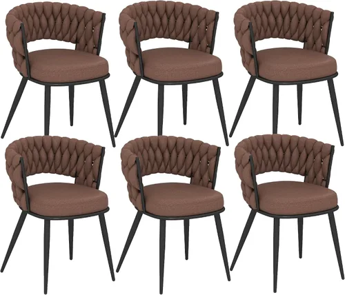 Vista 25 de Juego de 2 sillas de comedor tejidas, modernas sillas de comedor tejidas a mano con patas de metal negro, sillas tapizadas con marco negro