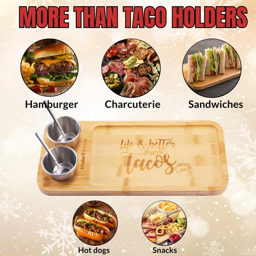 Vista 5 de Kit de Soportes para Tacos, Set 3-en-1 - Soporte para Concha de Taco + Bandeja de Servicio + Taza para Salsa, Plato de Presentación para Tacos