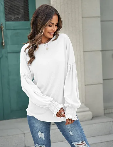 Vista 2 de MEROKEETY Blusa holgada de manga larga con cuello redondo y puños fruncidos para mujer 2024