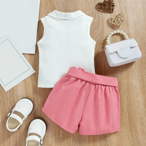 Vista 4 de Chaleco acanalado sin mangas de verano para niñas pequeñas, atuendo de camiseta y pantalones cortos para baby shower (rosa, 18-24 meses)