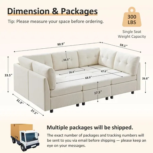 Vista 2 de VANOMi Sofá modular modular con otomana, sofás seccionales de 5 plazas para sala de estar, cómodo sofá nube de felpilla para sala de estar, Blanco