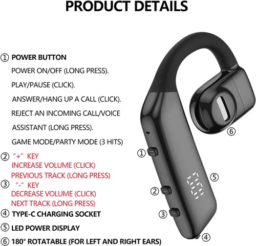 Vista 3 de Auricular Bluetooth V5.3 Auricular Bluetooth de un solo oído, con cancelación de ruido y compatible con micrófono, tiempo de conversación de 30