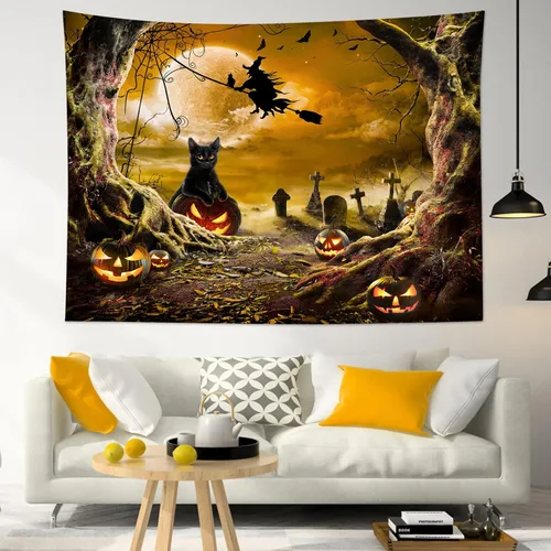Vista 9 de LB Tapiz espeluznante de cementerio de Halloween, lápida aterradora con árboles muertos, tapiz de bosque para colgar en la pared, tapiz de fondo