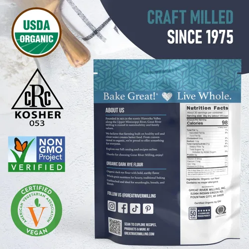 Vista 9 de Great River Milling Harina de centeno oscuro orgánica Grano entero, sin transgénicos, kosher, sin bromatos Sabor terroso para pan de centeno