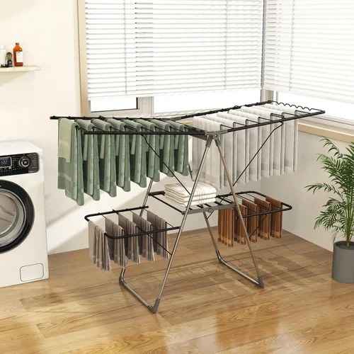 Vista 8 de Giantex Estante de secado de ropa, estante de secado de ropa plegable con 33 rieles de secado, altura ajustable de 3 niveles, clips versátiles