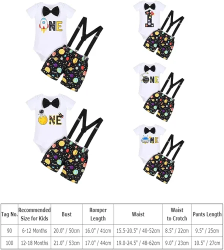 Vista 7 de IMEKIS Mameluco para bebé niño con diseño espacial para primer cumpleaños + pantalones cortos con tirantes, astronautas y accesorios para fotos