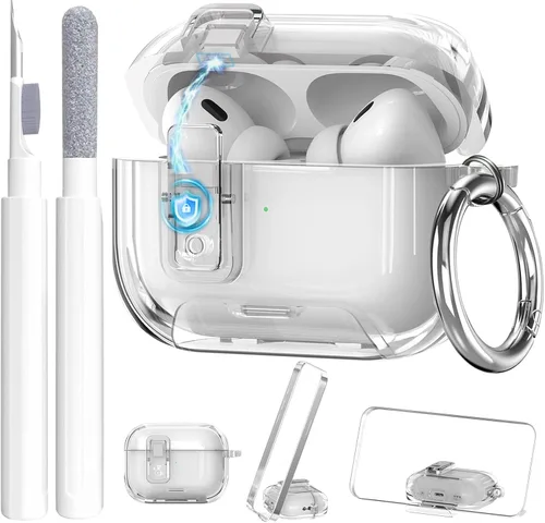 Vista 10 de Compatible con Airpods Pro 3 Funda transparente con bloqueo para teléfono, suave TPU magnético bloqueo automático Apple AirPods Pro de tercera