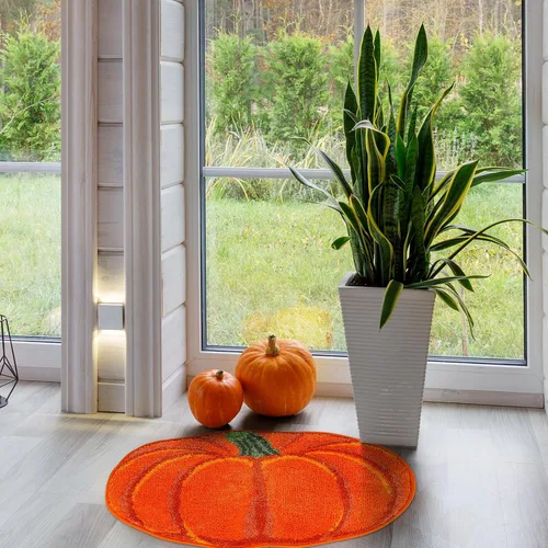 Vista 7 de AnyDesign Alfombra de baño de otoño, bonita alfombra de baño con forma de calabaza, alfombra de ducha antideslizante naranja otoñal, alfombra