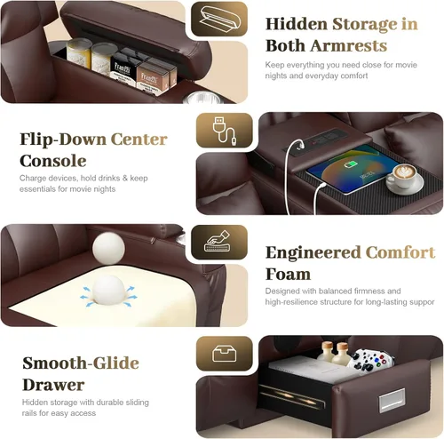 Vista 51 de Sofá de Dos Plazas Reclinable, Sofá Reclinable de Masaje con Gran Capacidad de Peso, Silla de Dos Plazas para RV en Liquidación con Consola, USB