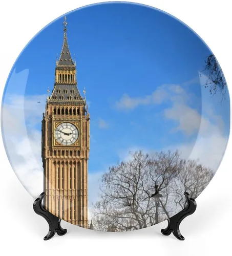 Vista 12 de Plato decorativo para exhibición, plato Big Ben London, plato redondo de cerámica, platos conmemorativos con soporte, adorno de porcelana