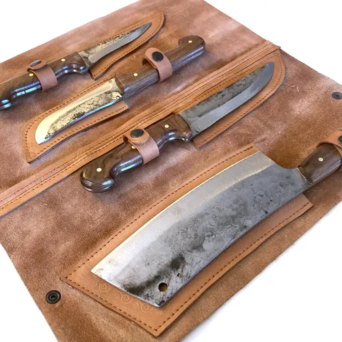 Vista 5 de Butcher Series - Juego de cuchillos y cuchillos forjados a mano de 4 piezas con funda de cuero auténtico, cuchillas de acero de alto carbono 5160