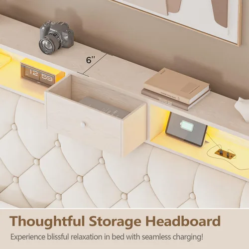 Vista 5 de Base de cama LED tamaño matrimonial con estación de carga USB, base de cama tapizada de terciopelo con cabecera de almacenamiento con botón