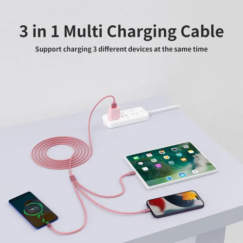 Vista 7 de Cable de carga múltiple, (paquete de 2 cables de 4 pies), cable de carga 3 en 1 para múltiples dispositivos, cable de carga universal de nailon Rosa
