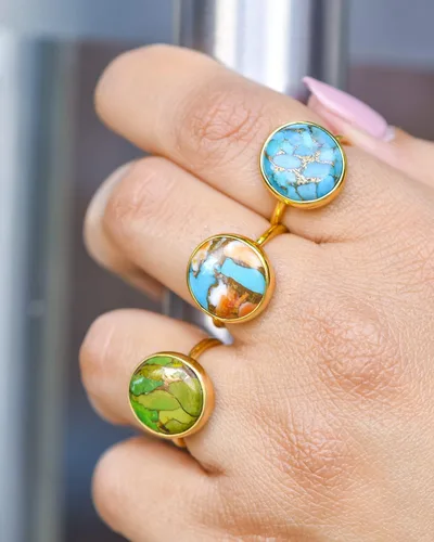 Vista 5 de YoTreasure Anillo solitario chapado en oro de 14 quilates de plata 925 verde ostra azul cobre turquesa piedra lunar labradorita ágata dendrítica