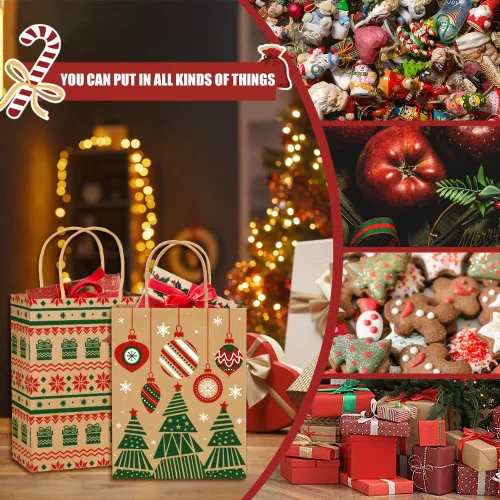 Vista 6 de Vellibring 24 piezas de bolsas de regalo de Navidad Kraft, bolsas de papel de Navidad con asa, bolsas de papel de Navidad con estampados navideños