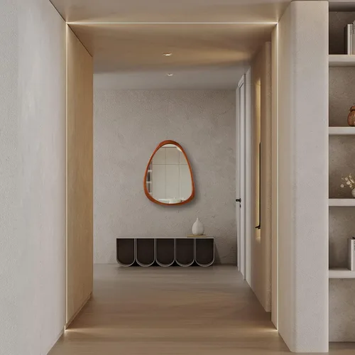 Vista 3 de Espejo de pared de madera irregular de 28 x 22 pulgadas, espejo decorativo abstracto asimétrico para sala de estar, dormitorio, entrada, baño