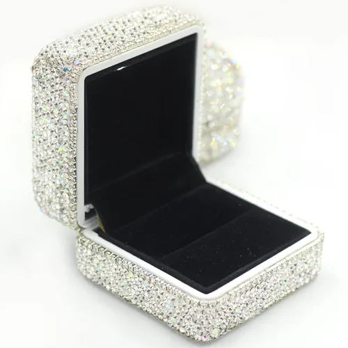 Vista 10 de Caja de anillos de cristal de lujo para aretes, caja de almacenamiento de joyería, caja de regalo para anillo de propuesta, ceremonia, boda, Negro