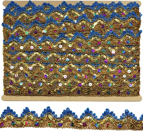 Vista 10 de Cinta larga de 14 yardas de ancho, 1.378 in/1.37 pulgadas, color oro azul con lentejuelas doradas, adorno de encaje decorado para manualidades, tela