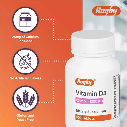 Vista 3 de Rugby Vitamina D3, 25 mcg (1,000 UI) - Suplemento dietético - 100 tabletas (1 paquete)