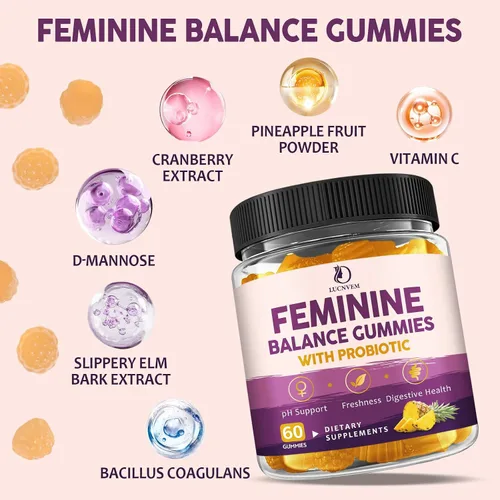 Vista 2 de Feminine Balance - Gomitas probióticas para mujeres, apoyan la salud vaginal, el equilibrio del pH, la frescura y la salud digestiva, con piña, olmo