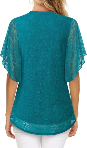 Vista 3 de Timeson Blusas de manga corta con cuello en V para mujer, camisas florales de doble capa de malla