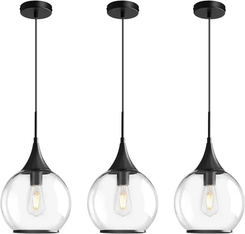 Vista 10 de Luces Colgantes para Isla de Cocina: Lámpara de Estilo Granja Dorada Cepillada con Vidrio Transparente - Globo de Mediados de Siglo de 10 Pulgadas