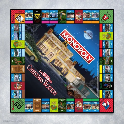 Vista 5 de Monopoly Vacaciones de Navidad de National Lampoons, con fichas temáticas de ardilla, taza de ponche de huevo, motosierra y más, 2-6 jugadores