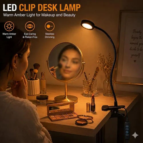 Vista 6 de Lámpara de escritorio USB con clip con 3 modos de color, brillo ajustable, cuello de cisne, temporizador de 1 minuto, luz de libro para leer libro
