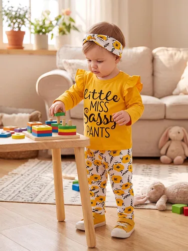 Vista 8 de KuKitty Conjunto de 3 piezas de ropa de bebé niña de manga larga con letras y pantalones casuales y diadema Amarillo