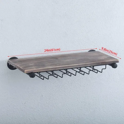 Vista 3 de Estante de vino industrial montado en la pared con soporte para 5 vidrios,Estante flotante para copas de vino,Estantería de tubo de 24 pulgadas