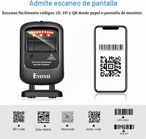 Vista 7 de Eyoyo Omnidireccional Manos Libres 1D 2D Escritorio USB con cable Escáner de código de barras Automatic Image Sensing, Capture Barcodes from