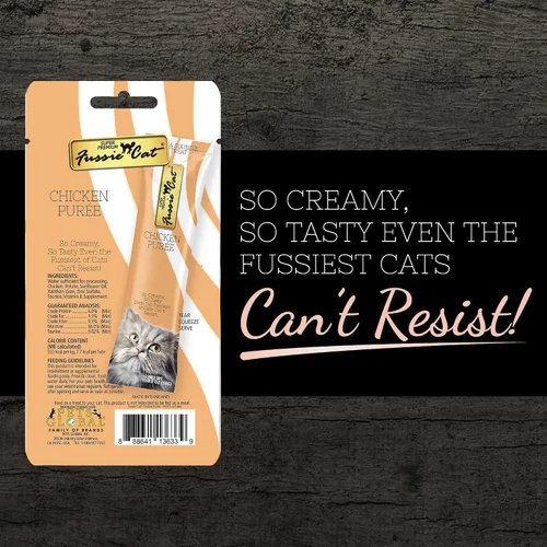 Vista 3 de Fussie Cat Puré de pollo, golosinas para gatos lamibles, bolsa de 0.5 onzas, 4 unidades (paquete de 1)
