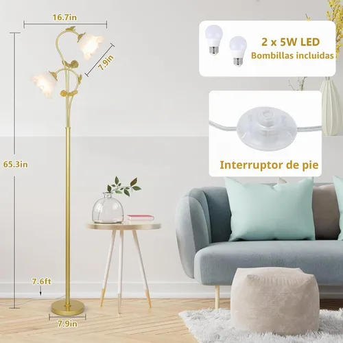 Vista 3 de HMVPL Lámpara de pie dorada para sala de estar, lámpara de pie de flor con 2 bombillas LED de 5 W, interruptor de pie, lámpara alta floral