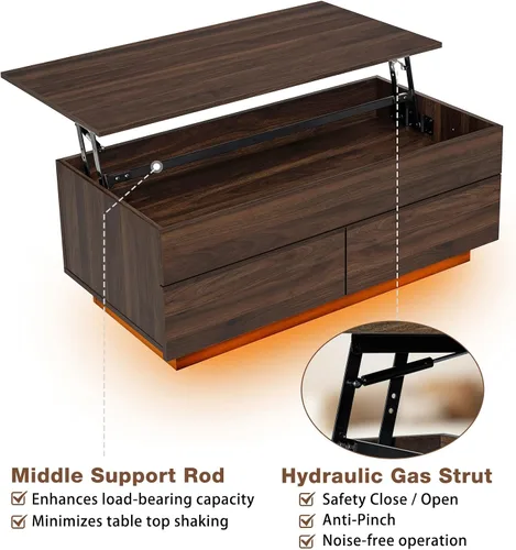 Vista 9 de HOMMPA Mesa de centro moderna con tapa elevable con almacenamiento para sala de estar, mesa de centro LED, mesa de comedor de madera con 2 cajones