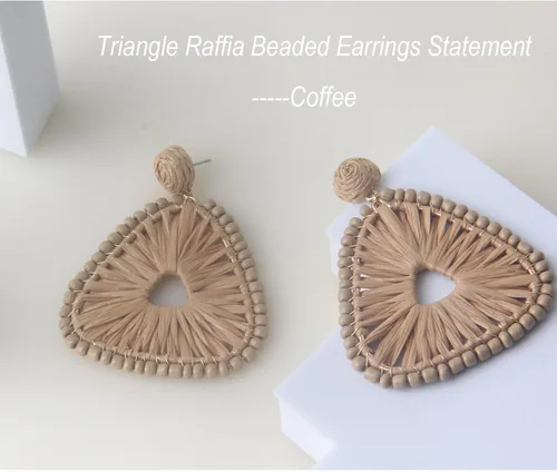 Vista 2 de Aretes de rafia con cuentas Aretes de cuentas de triángulo geométrico bohemio con cuentas de rafia, aretes colgantes de cuentas de rafia bohemios