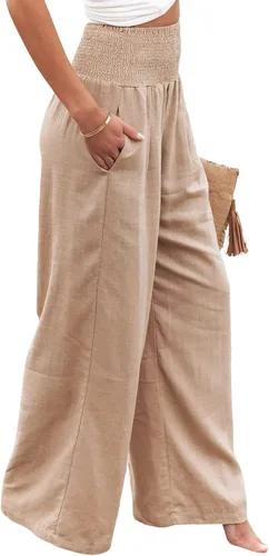 Vista 2 de utcoco Pantalones palazzo de lino de pierna ancha para mujer, estilo casual, cintura elástica, ajuste holgado