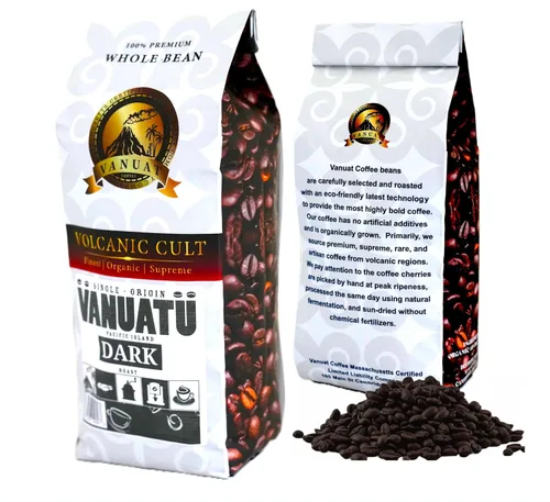 Vista 13 de VANUAT tostado oscuro Culto volcánico orgánico supremo y artesanal grano entero para café por goteo, café frío, café expreso, prensa francesa, café
