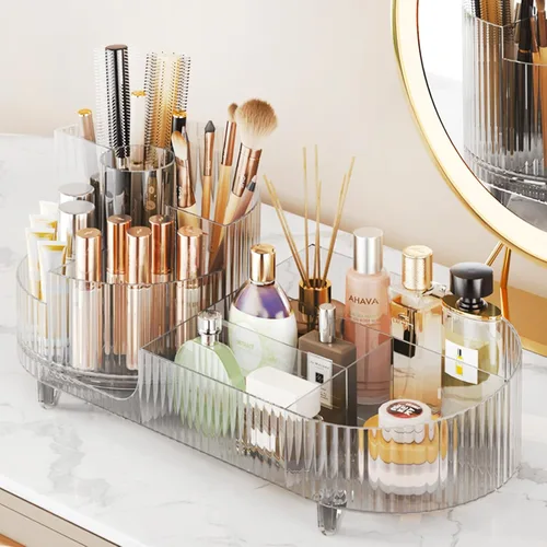 Vista 6 de COMFYROOM Organizador de maquillaje para tocador con soporte para brochas, organizador de maquillaje cosmético de 3 capas, organizador de maquillaje