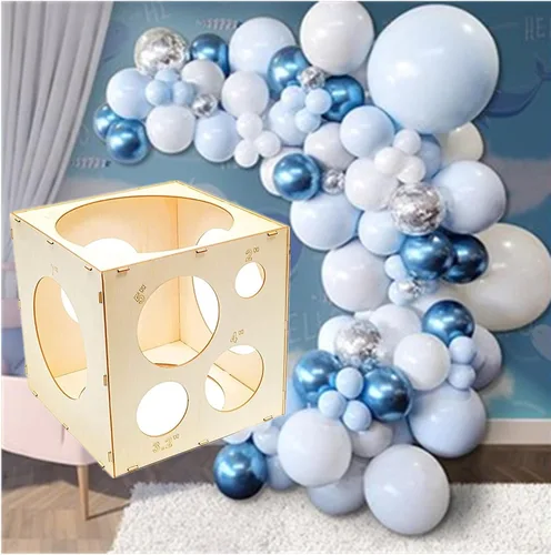 Vista 6 de Cubo de medición de globos de madera ensamblable de 9 agujeros, caja de medición de herramientas para fiestas, cumpleaños, decoraciones de boda