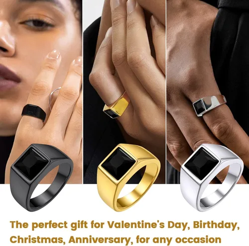Vista 5 de KeyStyle Anillos cuadrados de sello de piedras preciosas para hombres, anillo de meñique personalizado de acero inoxidable con piedra natal