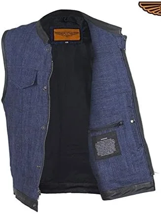 Vista 4 de Chaleco de mezclilla para hombre con ribete de cuero, 2 bolsillos para pistola