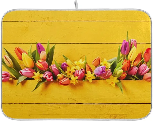 Vista 17 de Tapete de secado de platos de flores de fondo negro para encimera de cocina de 18 x 24 pulgadas, tapete de microfibra absorbente, tapete de secado