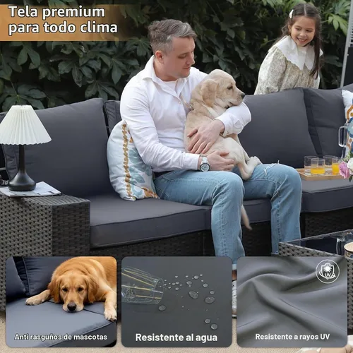 Vista 7 de JOYURE Juego de muebles de patio de 5 piezas, sofá de exterior con cojines impermeables, sofá de patio en forma de L de ratán y mesa auxiliar Gris