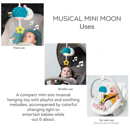 Vista 3 de Taf Toys Mini luna musical, juguete para bebés con música colgante y luces para llevar, compañero de viaje para padres y bebés, calma al bebé