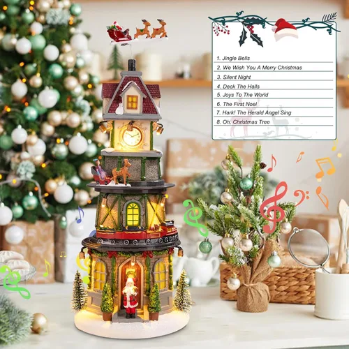Vista 4 de Casas de Pueblo Navideño Edificios Coleccionables de Navidad Campanario con Luces LED, Pueblo de Vacaciones Navideñas Musical con USB Figuras