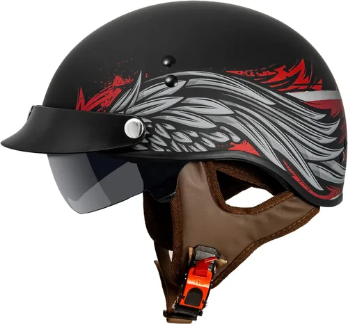 Vista 10 de VCAN Cruiser - Casco de motocicleta de media cara con visera abatible, pico extraíble y hebilla de liberación rápida